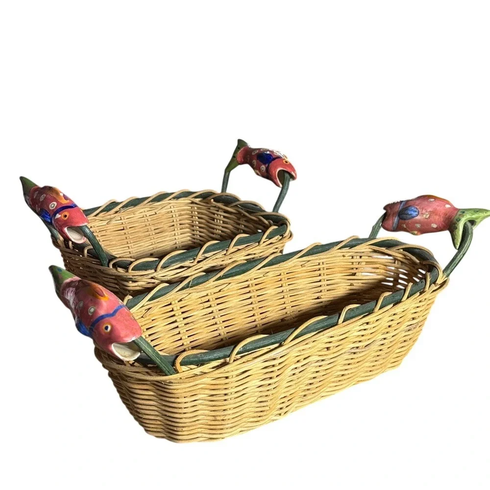 Fish Basket Wicker Ceramic Handles Nautical Beach Cottage Bread Square Lot (2)‎
